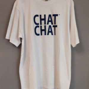 White t-shirt with "CHAT CHAT" text.
