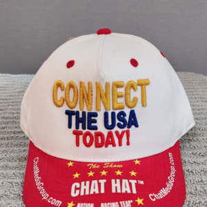 White and red cap with embroidered text.