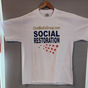 White T-shirt with "Social Restoration" text.