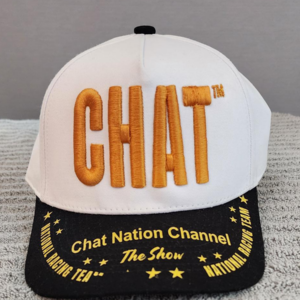 White and black cap with "CHAT" text.