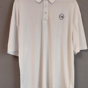 White polo shirt with embroidered logo.