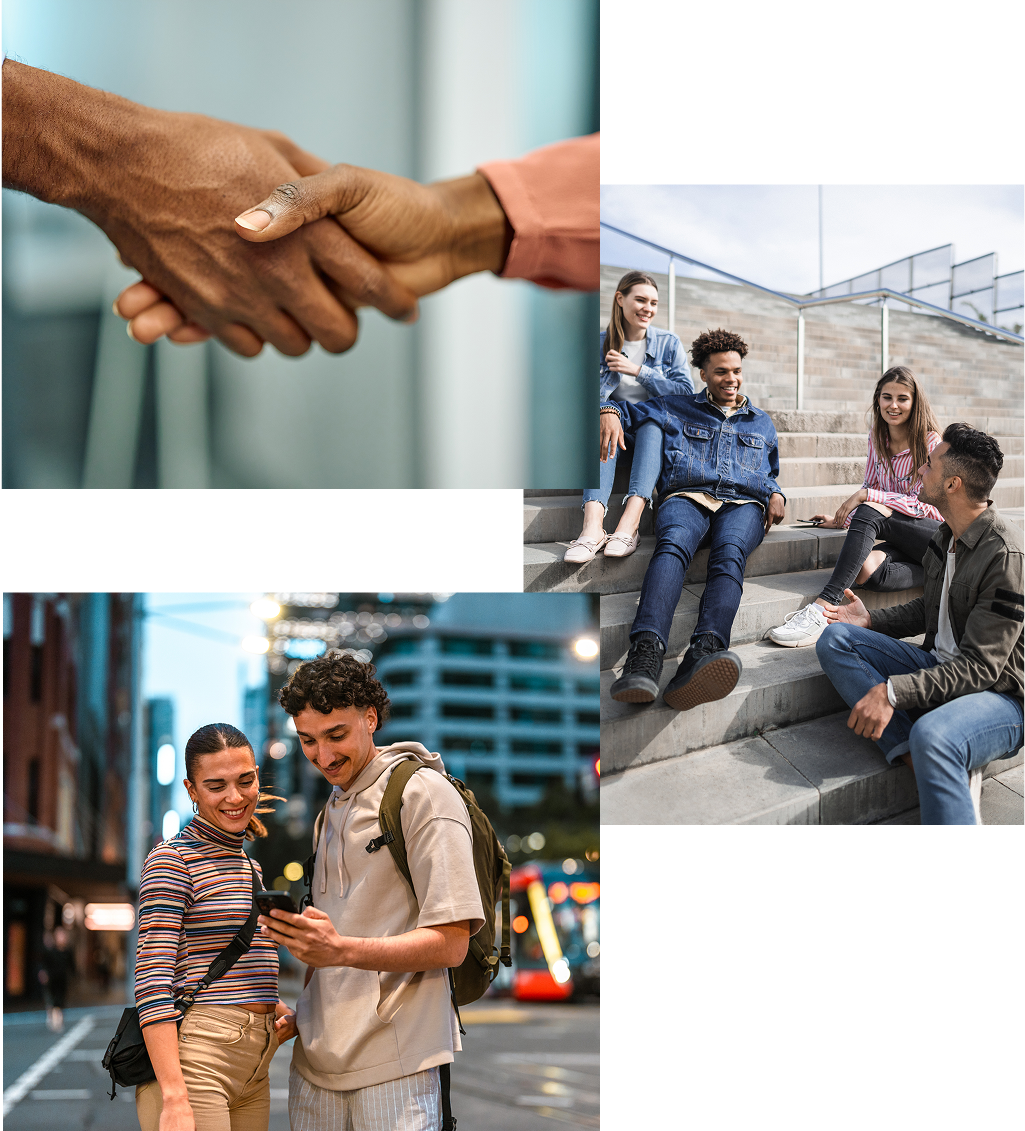 Handshake, greeting, and people using phone.